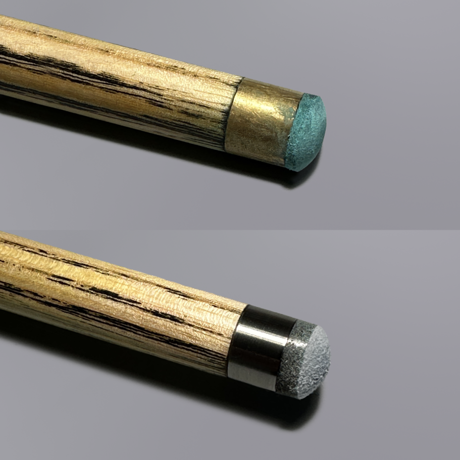 Cue services Before and after of a tip and ferrule from a brass ferrule with old tip to a new titanium ferrule with new tip